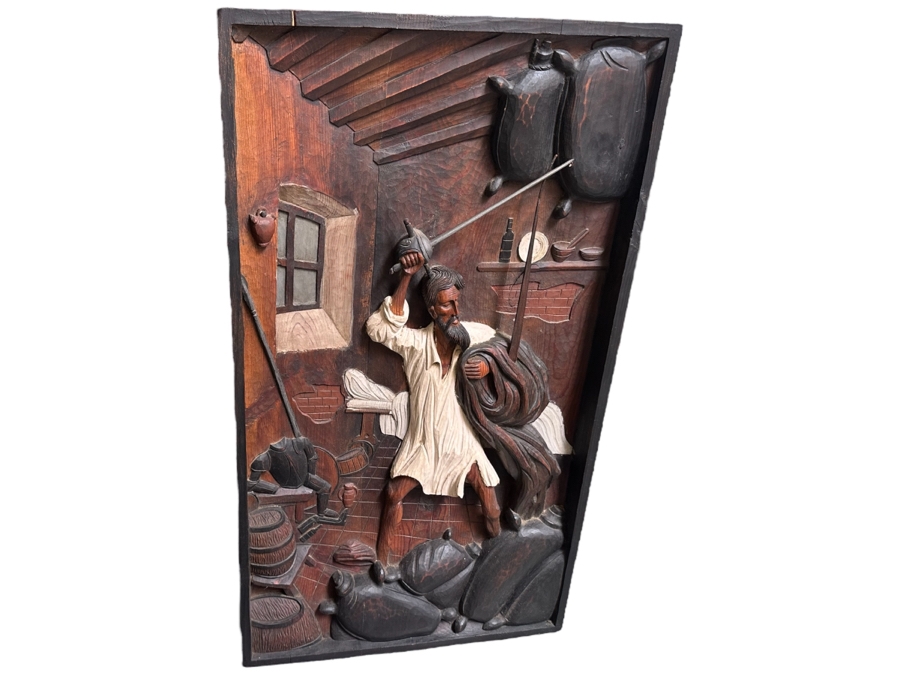 Original Relief Carved Wooden Wall Plaque Artwork Depicting Scene From Don Quixote 22W X 3D X 38H [Photo 1]