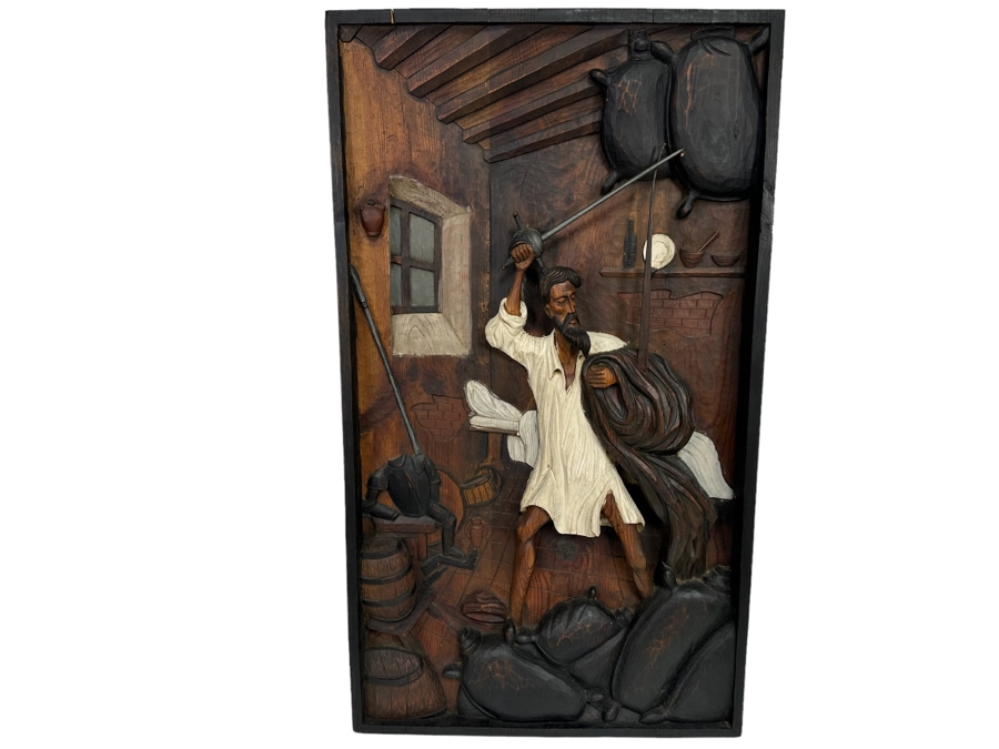 Original Relief Carved Wooden Wall Plaque Artwork Depicting Scene From Don Quixote 22W X 3D X 38H [Photo 2]