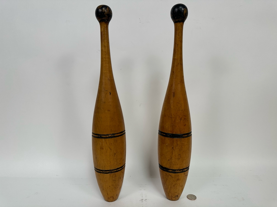 Pair Of Antique Wooden Juggling Pins Hand Turned 18.5H