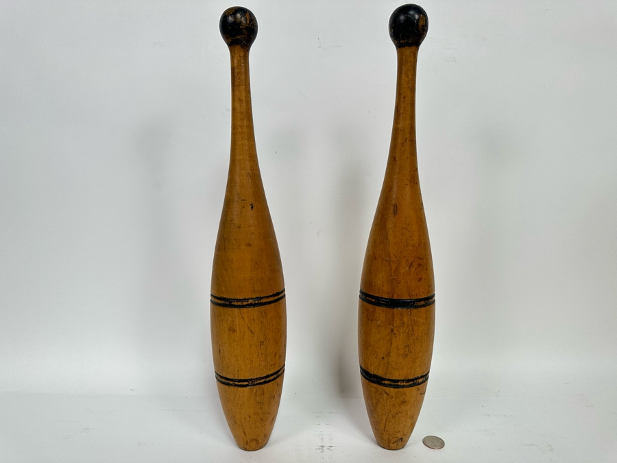 Pair Of Antique Wooden Juggling Pins Hand Turned 18.5H