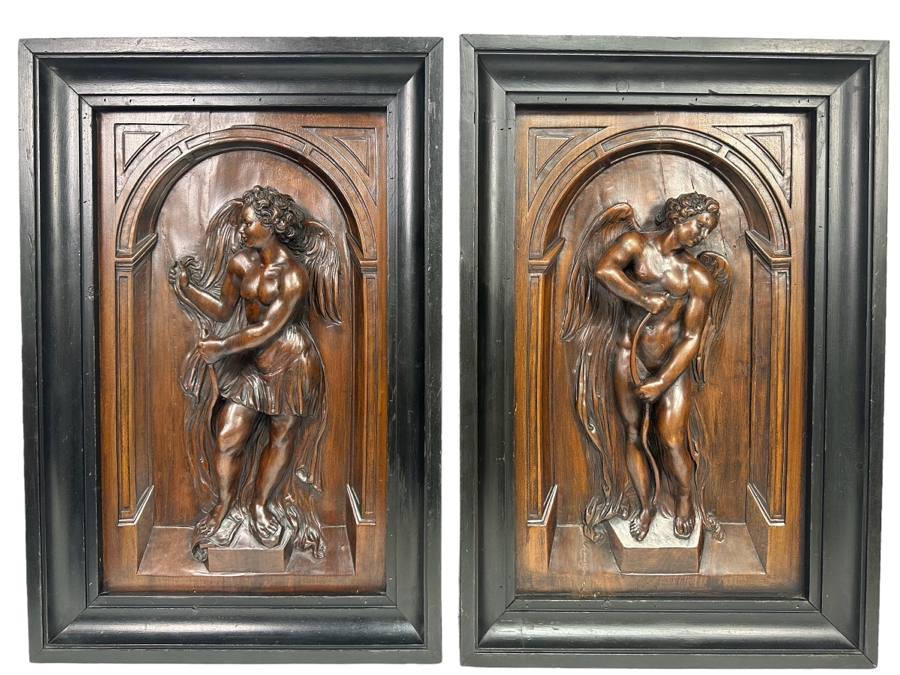 Pair Of Relief Carved Wooden Panels With Frames 17W X 25.5H X 2.5D