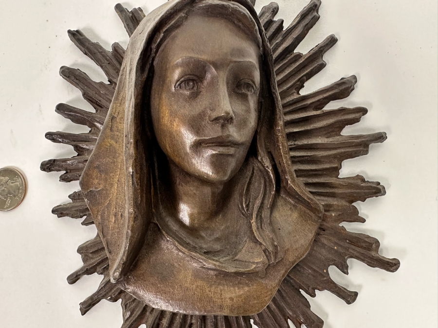 Vintage Madonna With Light Beams Bronze Bas-Relief Plaque 7W X 2D X 9H [Photo 4]
