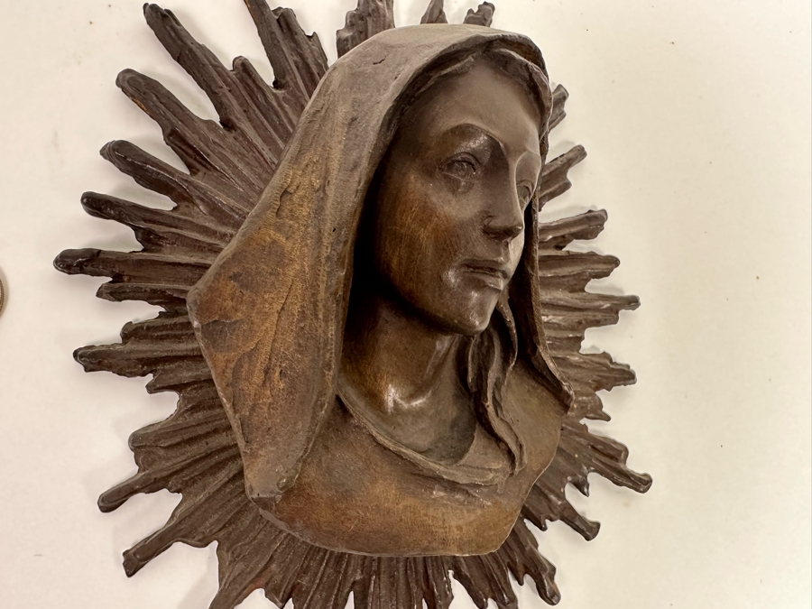 Vintage Madonna With Light Beams Bronze Bas-Relief Plaque 7W X 2D X 9H [Photo 5]