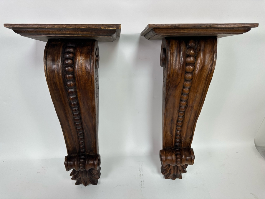 Pair Of Carved Wooden Wall Sconces Shelves Corbels 12W X 8D X 26H [Photo 2]