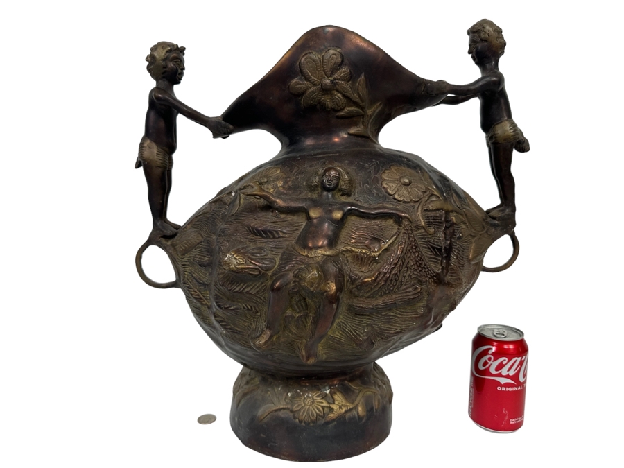Vintage Solid Bronze Bas-Relief Vase Very Heavy 20W X 15D X 19H [Photo 2]
