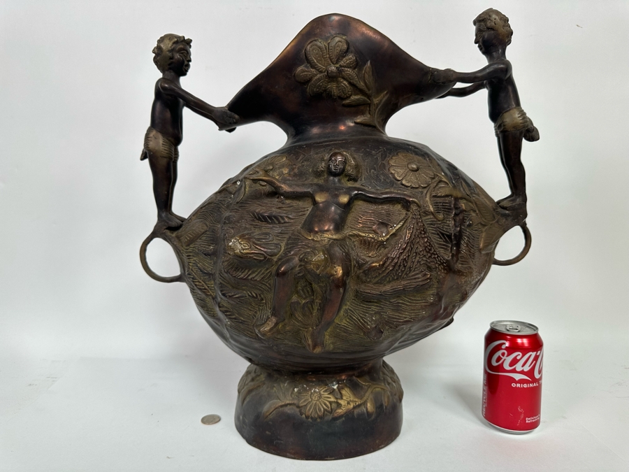 Vintage Solid Bronze Bas-Relief Vase Very Heavy 20W X 15D X 19H [Photo 5]