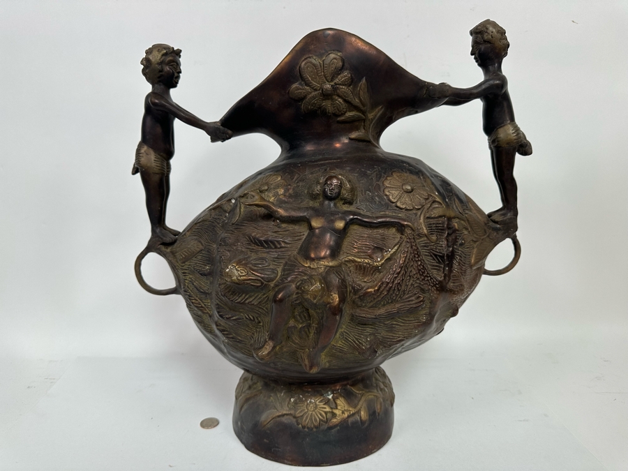 Vintage Solid Bronze Bas-Relief Vase Very Heavy 20W X 15D X 19H [Photo 3]