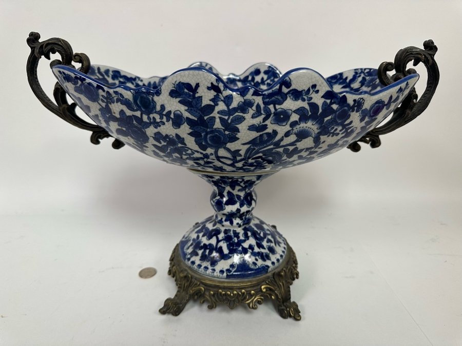 Large Porcelain Footed Centerpiece Bowl With Brass Accents 18.5W X 9D X 12H [Photo 2]
