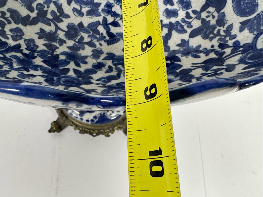 Large Porcelain Footed Centerpiece Bowl With Brass Accents 18.5W X 9D X 12H [Photo 7]