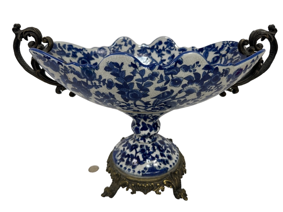 Large Porcelain Footed Centerpiece Bowl With Brass Accents 18.5W X 9D X 12H