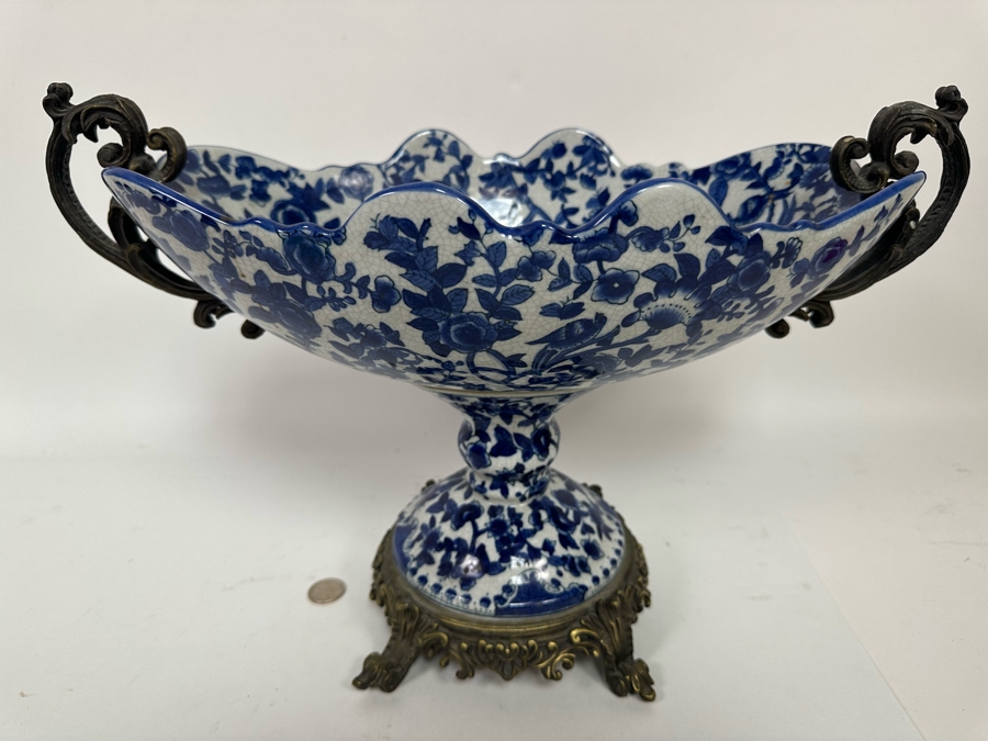 Large Porcelain Footed Centerpiece Bowl With Brass Accents 18.5W X 9D X 12H [Photo 3]