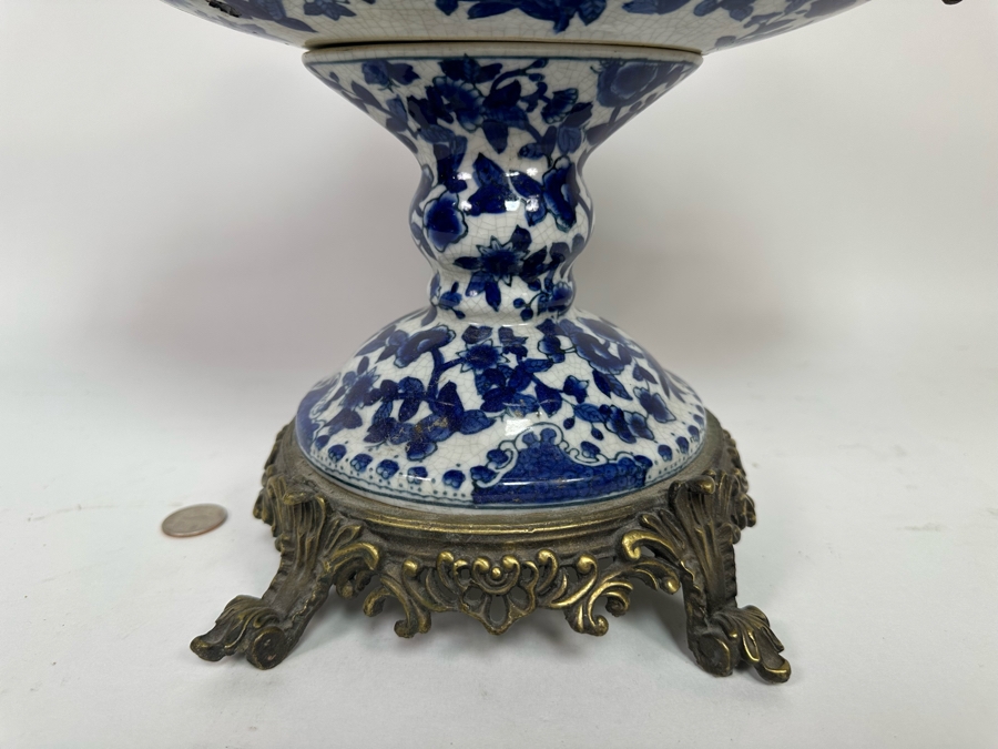 Large Porcelain Footed Centerpiece Bowl With Brass Accents 18.5W X 9D X 12H [Photo 5]