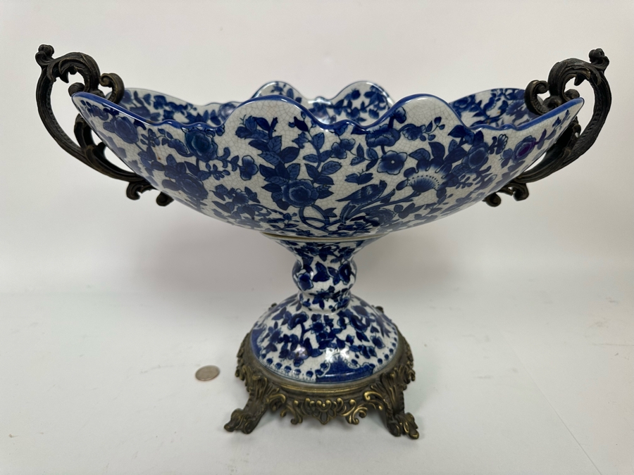 Large Porcelain Footed Centerpiece Bowl With Brass Accents 18.5W X 9D X 12H [Photo 6]