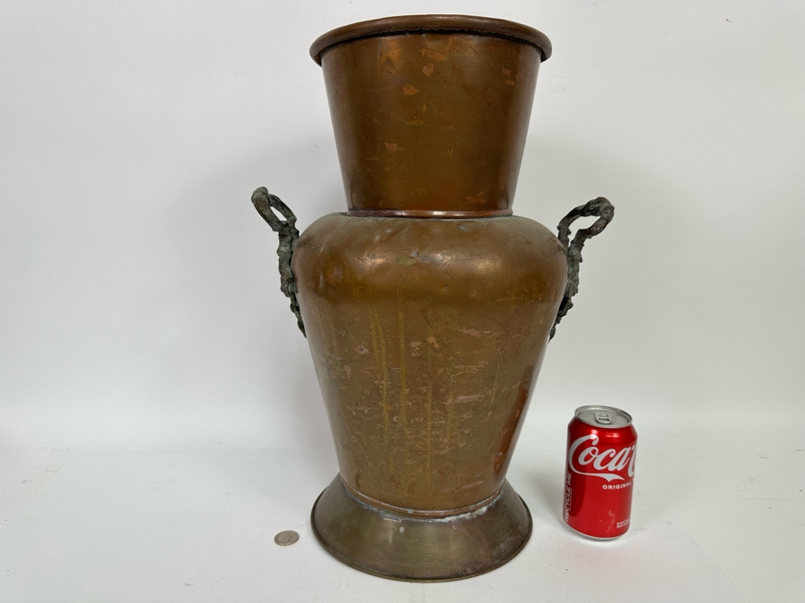 Large Copper Umbrella Vase With Brass Handles 18H [Photo 2]