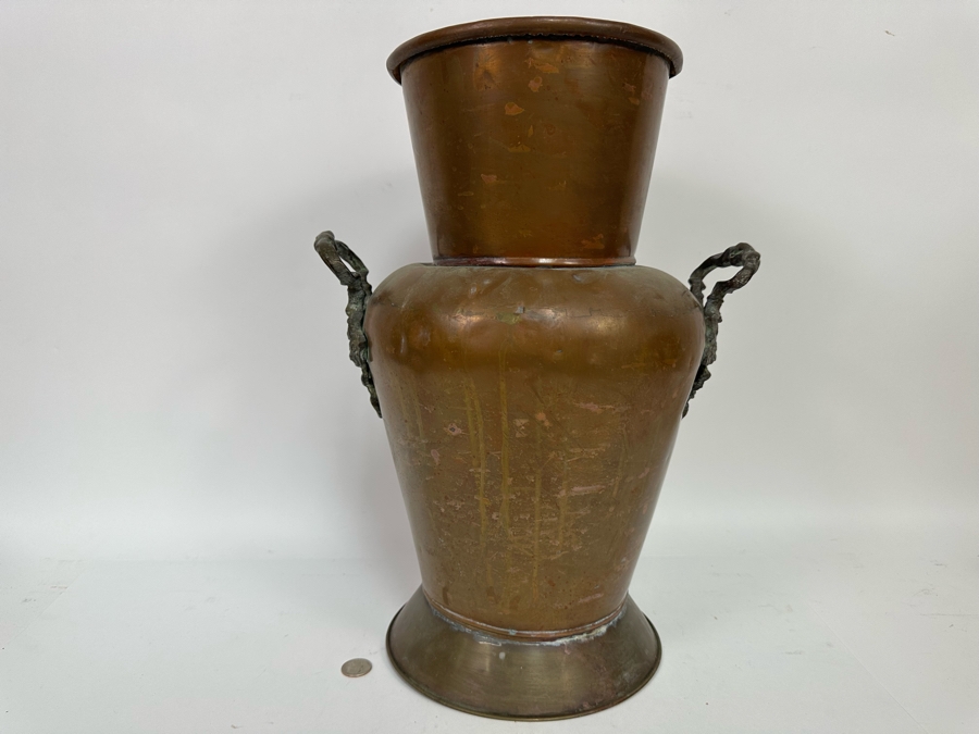 Large Copper Umbrella Vase With Brass Handles 18H [Photo 3]