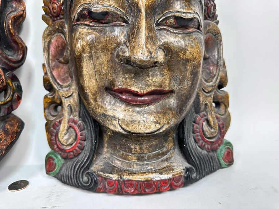 Pair Of Large Vintage Wooden Tibetan Buddhist Hand Carved Hand Painted Masks 10W X 23H X 8D / 10.5W X 18.5H X 5D [Photo 6]