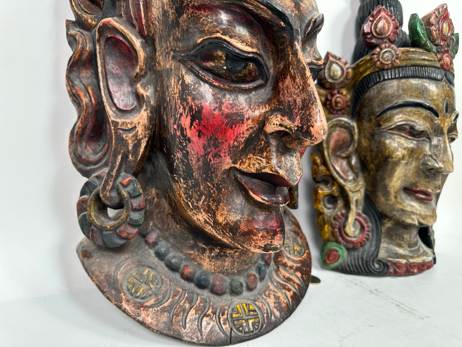 Pair Of Large Vintage Wooden Tibetan Buddhist Hand Carved Hand Painted Masks 10W X 23H X 8D / 10.5W X 18.5H X 5D [Photo 10]