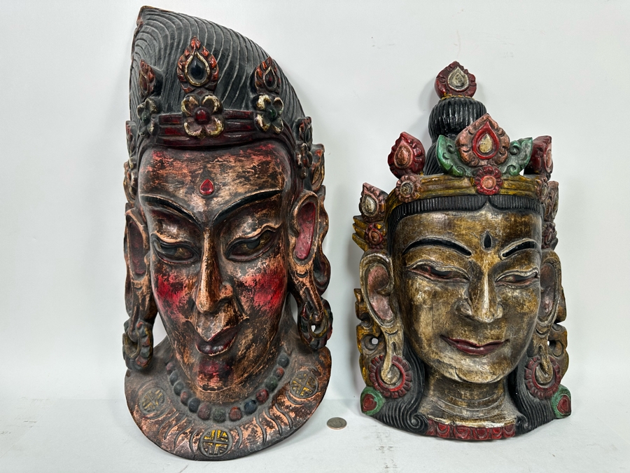 Pair Of Large Vintage Wooden Tibetan Buddhist Hand Carved Hand Painted Masks 10W X 23H X 8D / 10.5W X 18.5H X 5D [Photo 3]