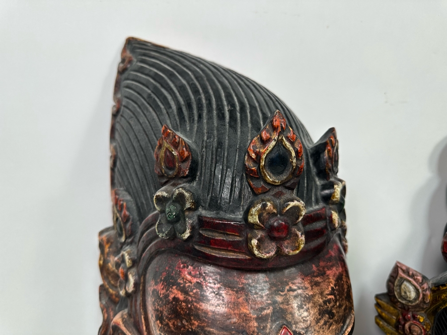 Pair Of Large Vintage Wooden Tibetan Buddhist Hand Carved Hand Painted Masks 10W X 23H X 8D / 10.5W X 18.5H X 5D [Photo 12]