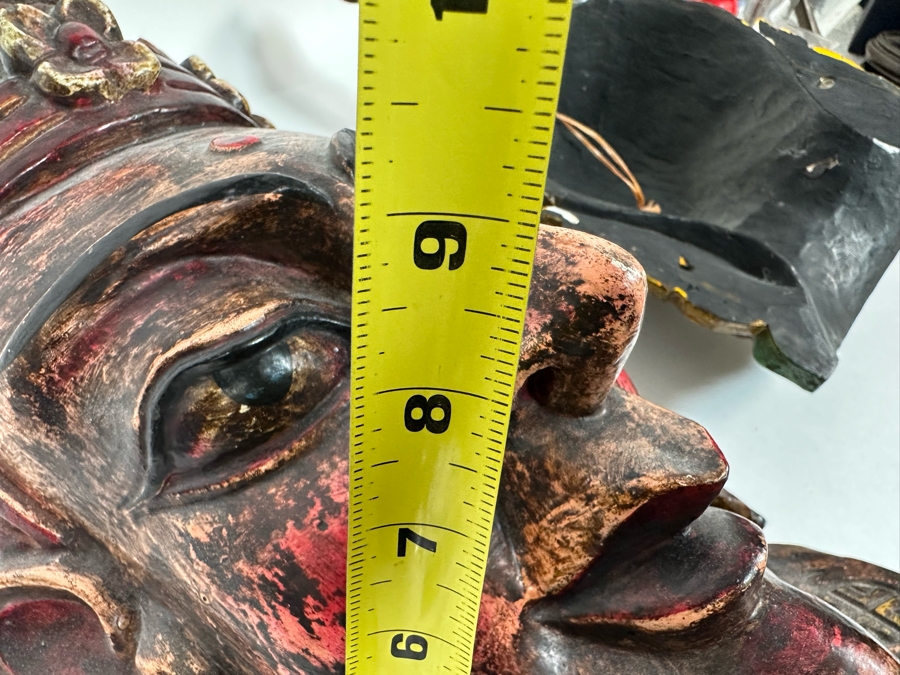 Pair Of Large Vintage Wooden Tibetan Buddhist Hand Carved Hand Painted Masks 10W X 23H X 8D / 10.5W X 18.5H X 5D [Photo 15]
