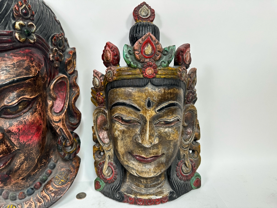 Pair Of Large Vintage Wooden Tibetan Buddhist Hand Carved Hand Painted Masks 10W X 23H X 8D / 10.5W X 18.5H X 5D [Photo 5]