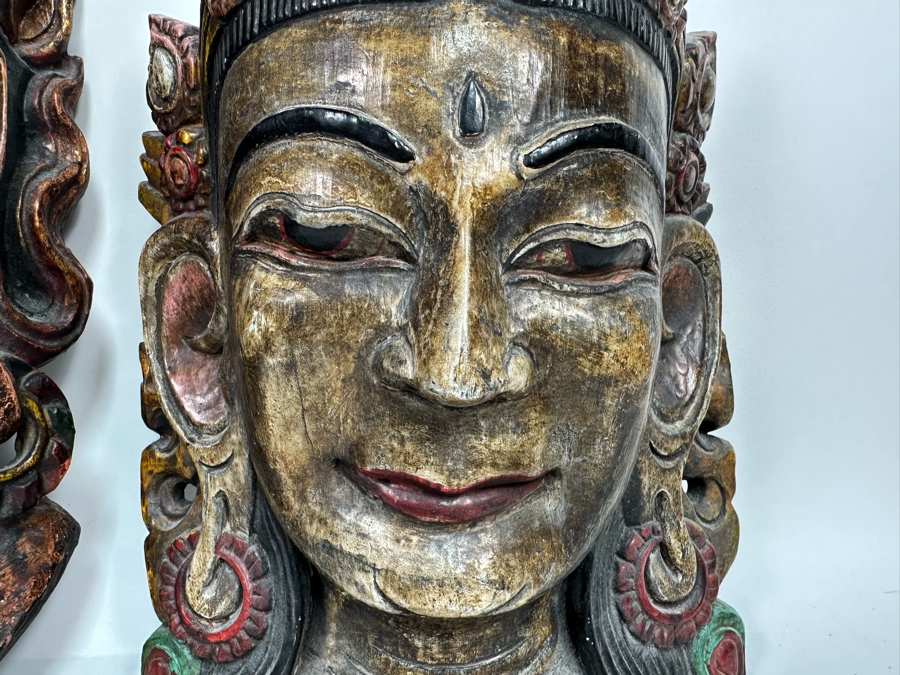 Pair Of Large Vintage Wooden Tibetan Buddhist Hand Carved Hand Painted Masks 10W X 23H X 8D / 10.5W X 18.5H X 5D [Photo 7]