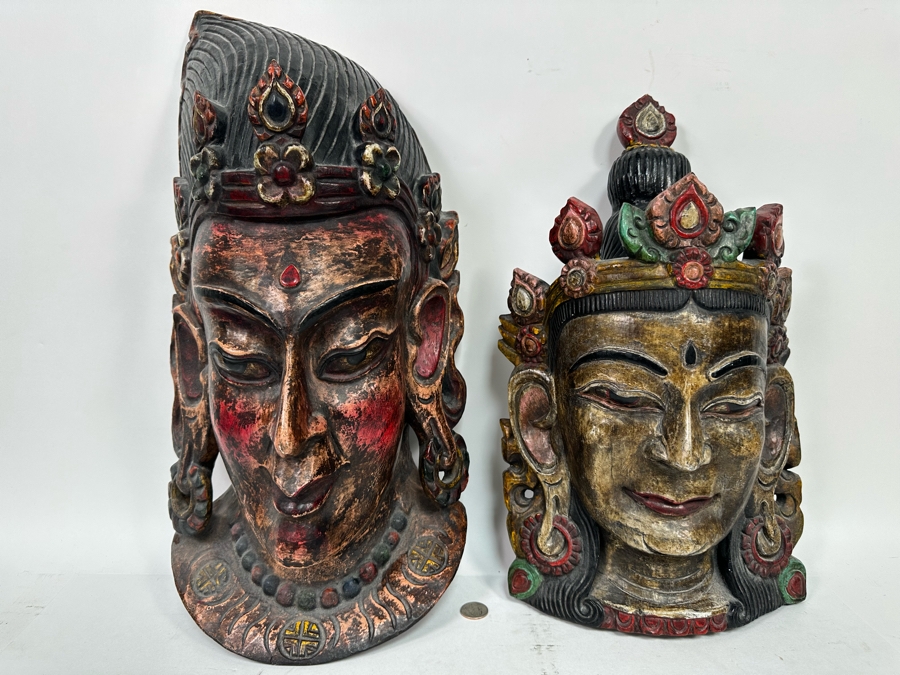 Pair Of Large Vintage Wooden Tibetan Buddhist Hand Carved Hand Painted Masks 10W X 23H X 8D / 10.5W X 18.5H X 5D [Photo 4]