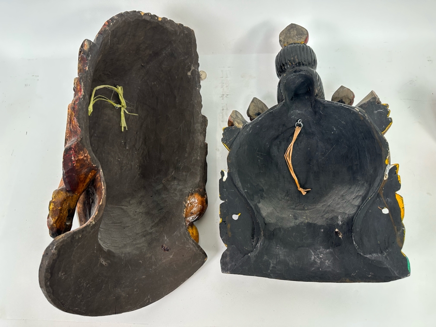 Pair Of Large Vintage Wooden Tibetan Buddhist Hand Carved Hand Painted Masks 10W X 23H X 8D / 10.5W X 18.5H X 5D [Photo 13]