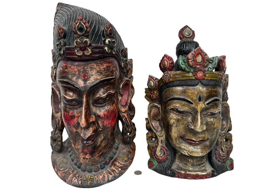 Pair Of Large Vintage Wooden Tibetan Buddhist Hand Carved Hand Painted Masks 10W X 23H X 8D / 10.5W X 18.5H X 5D