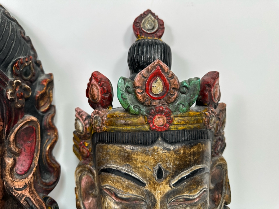 Pair Of Large Vintage Wooden Tibetan Buddhist Hand Carved Hand Painted Masks 10W X 23H X 8D / 10.5W X 18.5H X 5D [Photo 8]