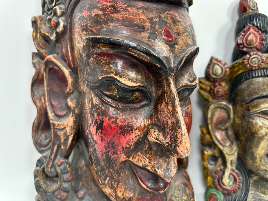 Pair Of Large Vintage Wooden Tibetan Buddhist Hand Carved Hand Painted Masks 10W X 23H X 8D / 10.5W X 18.5H X 5D [Photo 11]