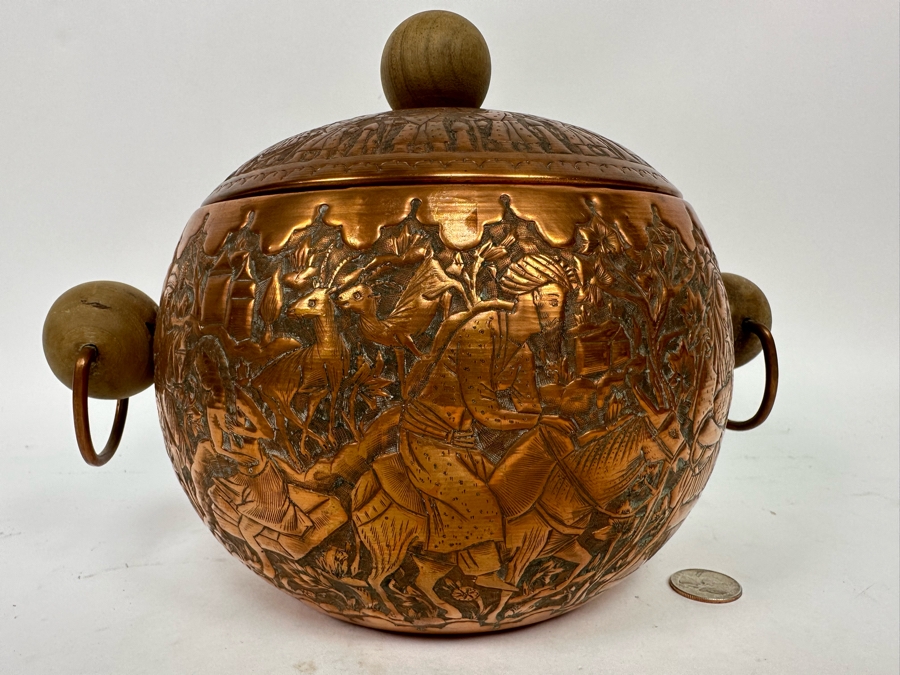 Vintage Persian Hammered Bas-Relief Copper Pictorial Ice Bucket 11W X 9H [Photo 12]