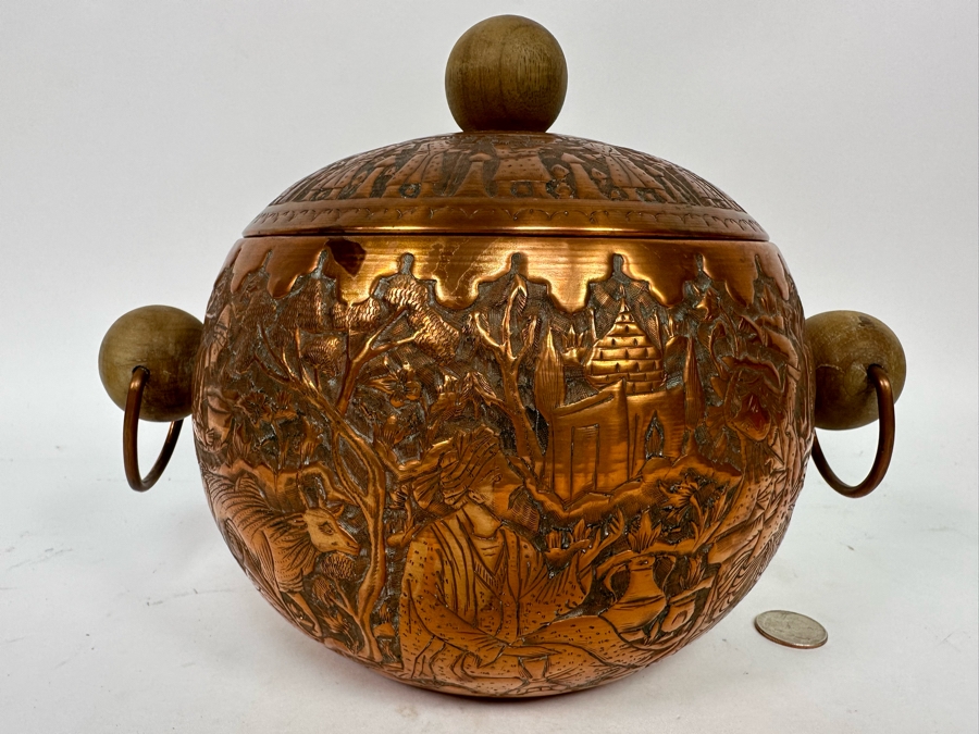 Vintage Persian Hammered Bas-Relief Copper Pictorial Ice Bucket 11W X 9H [Photo 4]