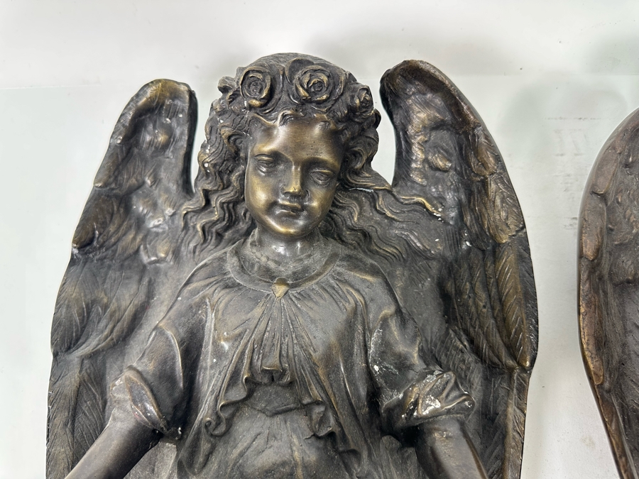 Vintage Pair Of Bronze Sculptural Angel Wall Sconces, A Pair 10W X 18H X 8D [Photo 6]