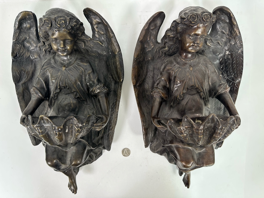 Vintage Pair Of Bronze Sculptural Angel Wall Sconces, A Pair 10W X 18H X 8D [Photo 4]