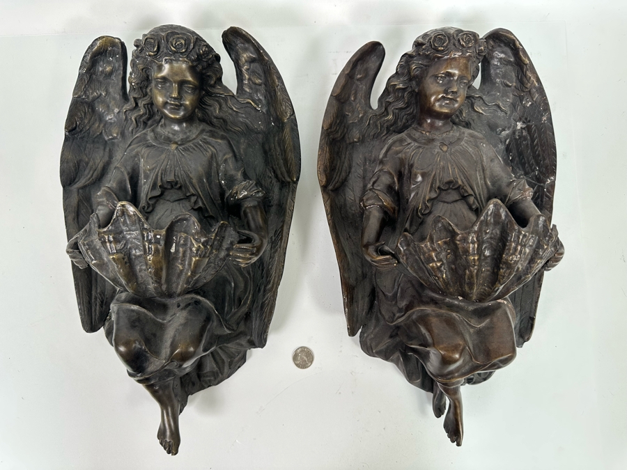 Vintage Pair Of Bronze Sculptural Angel Wall Sconces, A Pair 10W X 18H X 8D [Photo 3]