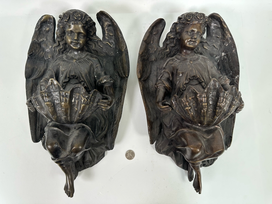 Vintage Pair Of Bronze Sculptural Angel Wall Sconces, A Pair 10W X 18H X 8D [Photo 2]