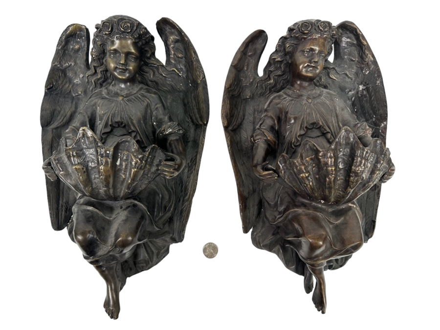 Vintage Pair Of Bronze Sculptural Angel Wall Sconces, A Pair 10W X 18H X 8D