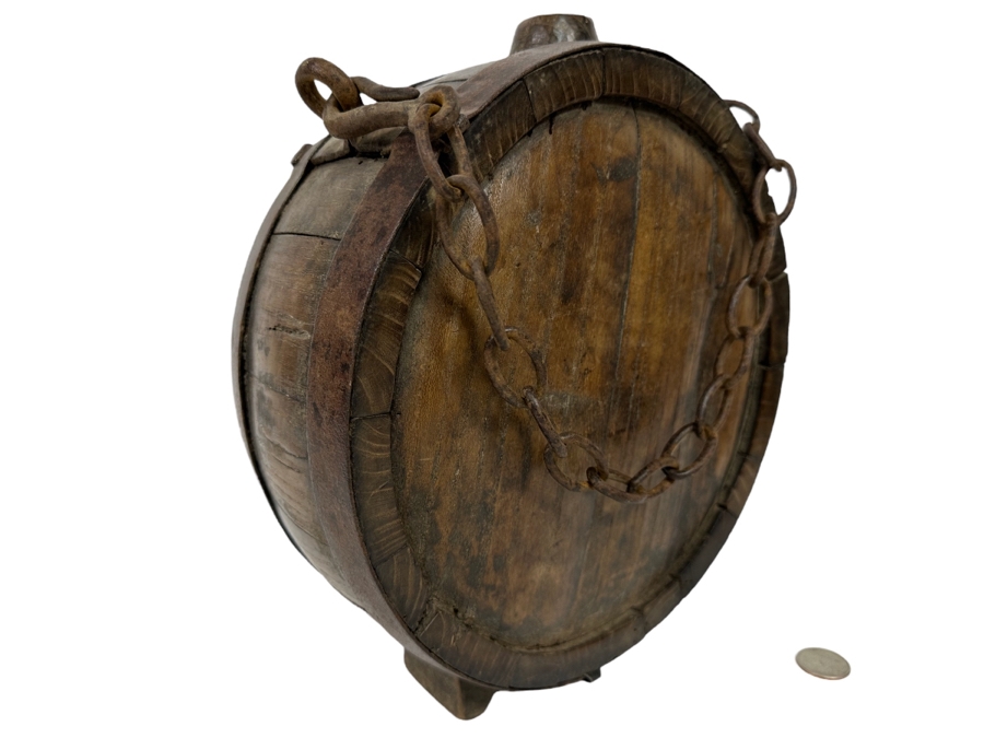 Antique Wooden / Metal Footed Canteen Flask With Metal Chain 9.5W X 11.5H X 4D [Photo 1]