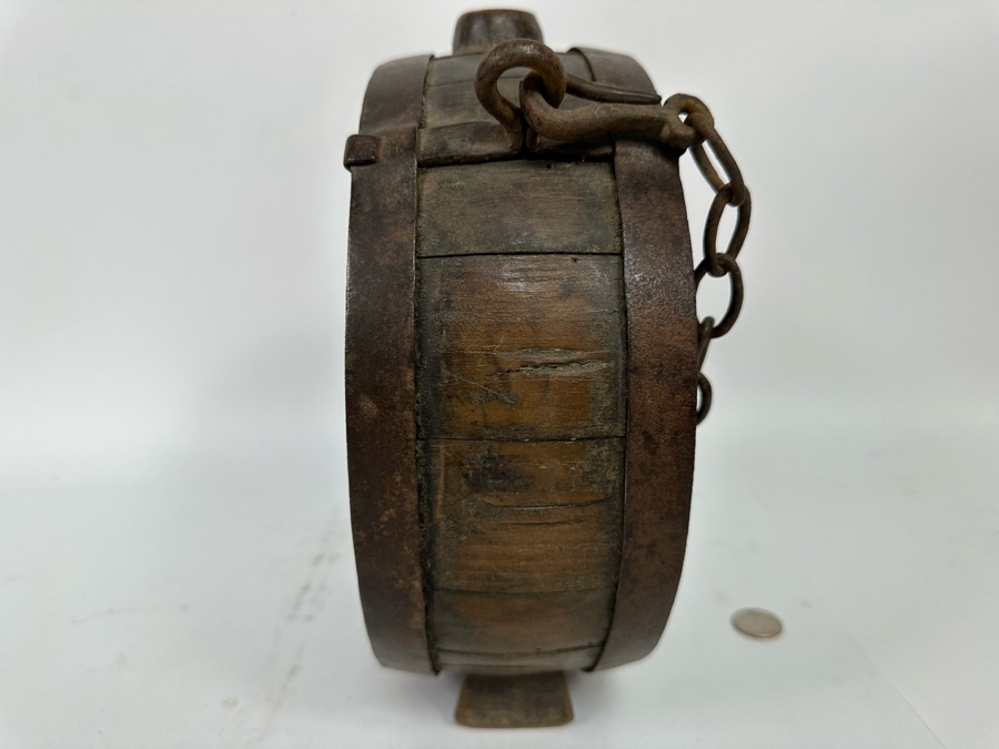 Antique Wooden / Metal Footed Canteen Flask With Metal Chain 9.5W X 11.5H X 4D [Photo 7]