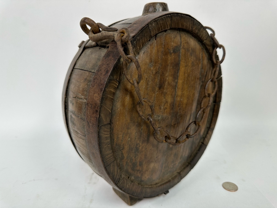 Antique Wooden / Metal Footed Canteen Flask With Metal Chain 9.5W X 11.5H X 4D [Photo 6]