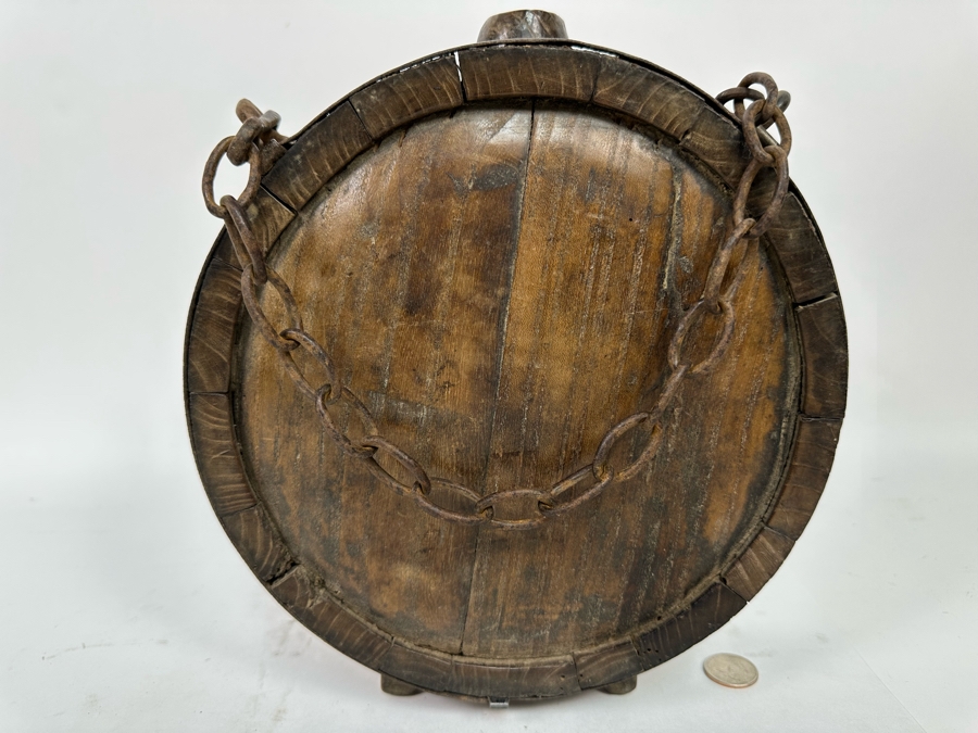 Antique Wooden / Metal Footed Canteen Flask With Metal Chain 9.5W X 11.5H X 4D [Photo 3]