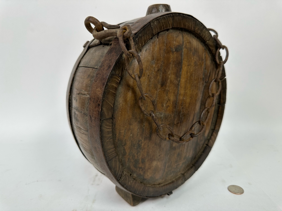 Antique Wooden / Metal Footed Canteen Flask With Metal Chain 9.5W X 11.5H X 4D [Photo 5]