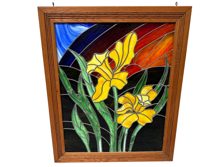 Beautiful Stained Glass Window In Wooden Frame 29.5W X 36H