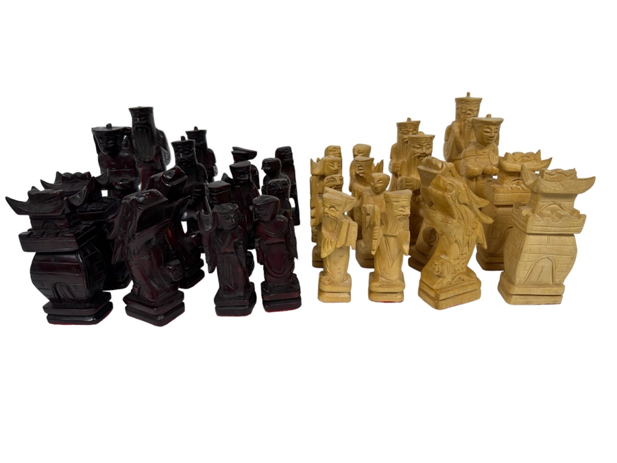 Vintage Hand Carved Wooden Chinese Chess Pieces [Photo 2]