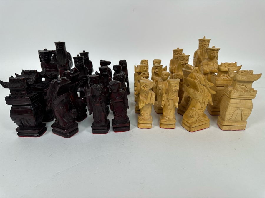 Vintage Hand Carved Wooden Chinese Chess Pieces [Photo 3]