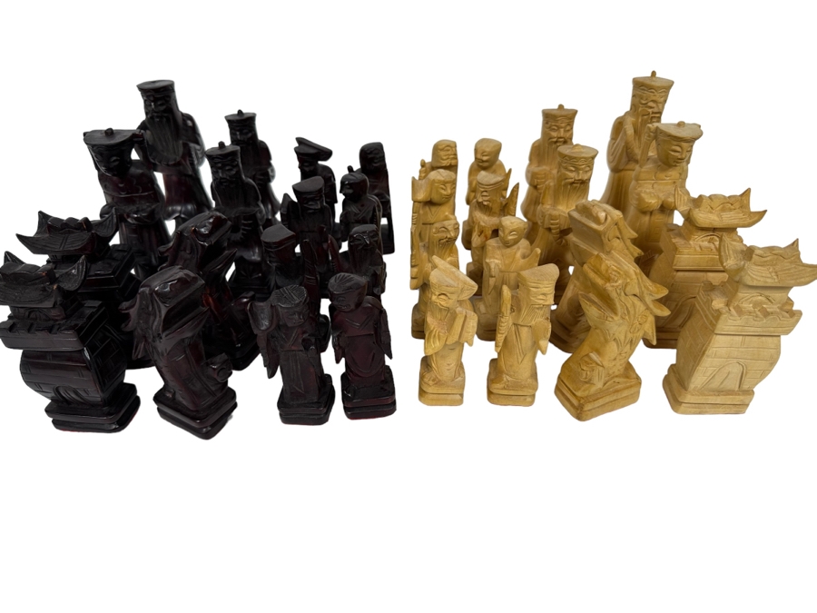 Vintage Hand Carved Wooden Chinese Chess Pieces