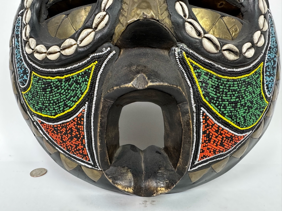 Vintage Handmade Wooden African Cowrie Mask With Beaded Birds And Brass Ornamentation From Ghana 15W X 6D X 17H [Photo 5]