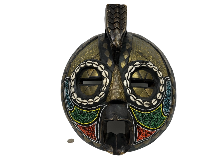 Vintage Handmade Wooden African Cowrie Mask With Beaded Birds And Brass Ornamentation From Ghana 15W X 6D X 17H