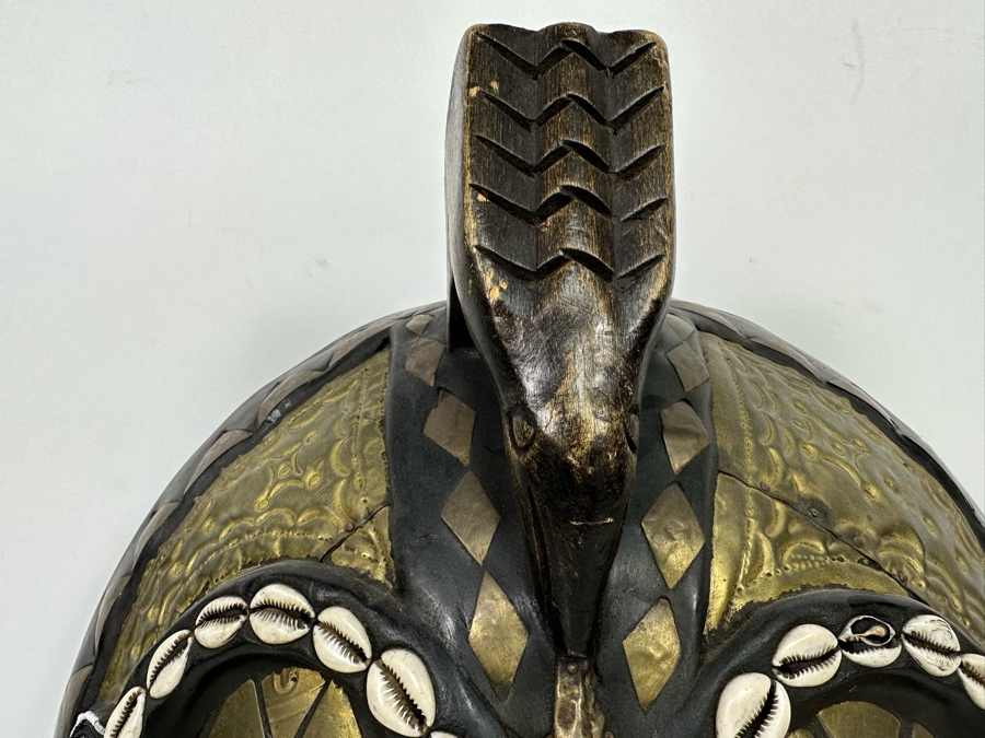 Vintage Handmade Wooden African Cowrie Mask With Beaded Birds And Brass Ornamentation From Ghana 15W X 6D X 17H [Photo 9]